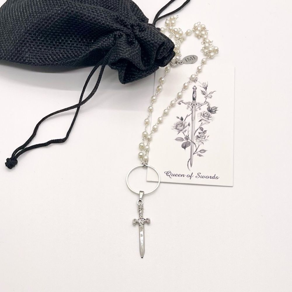 Sterling silver pearl necklace with rosary style Excalibur Sword Pendant